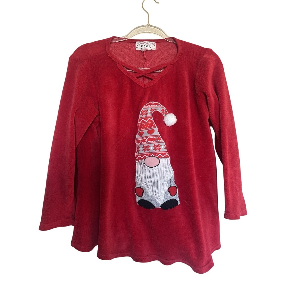 Merry Christmas Poof Top Women's M Red Gnome